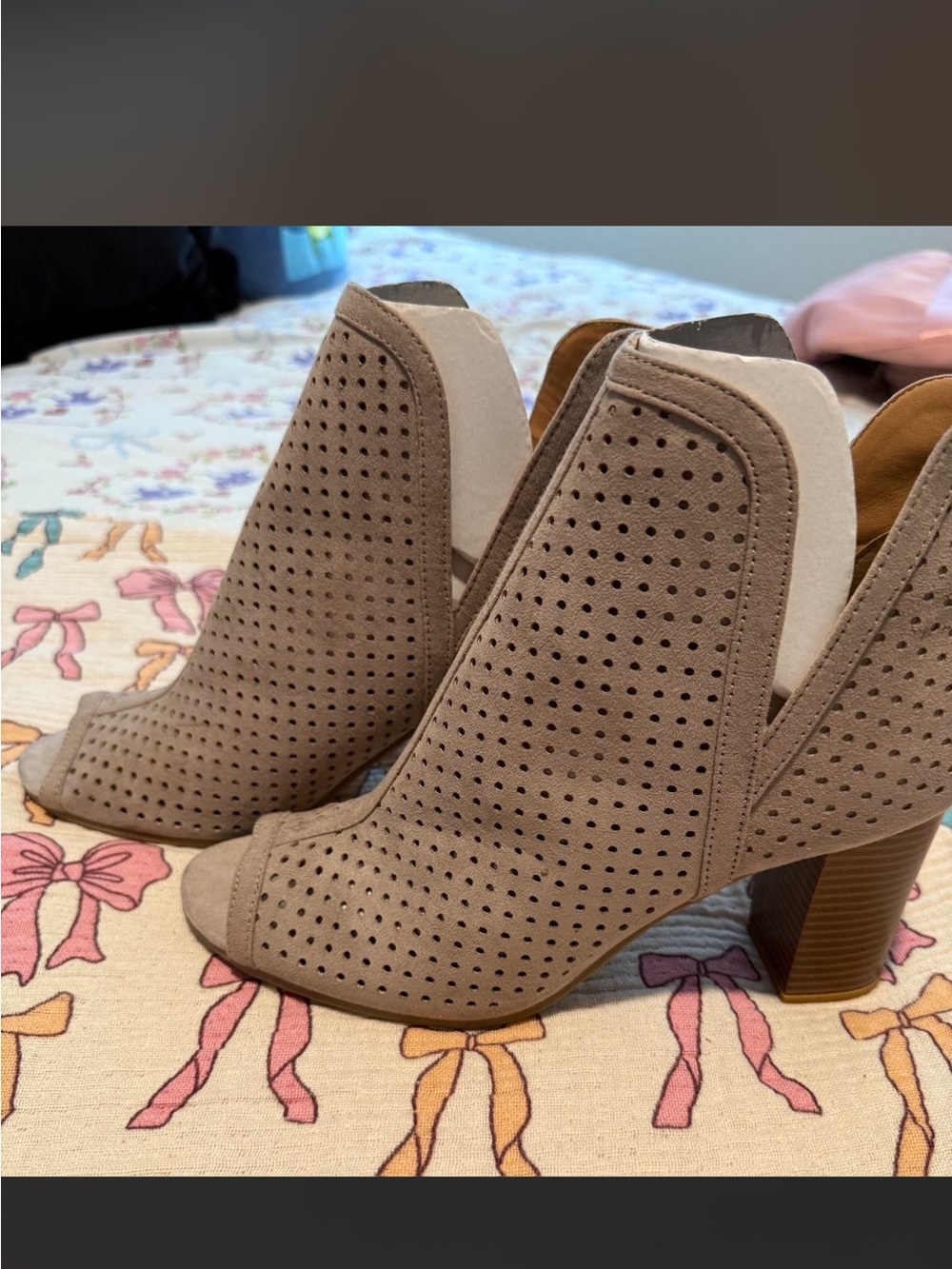 Women's Taupe Perforated Peep-Toe Booties